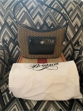 Brighton Edna Brown Woven Shoulder Bag with Black Trim